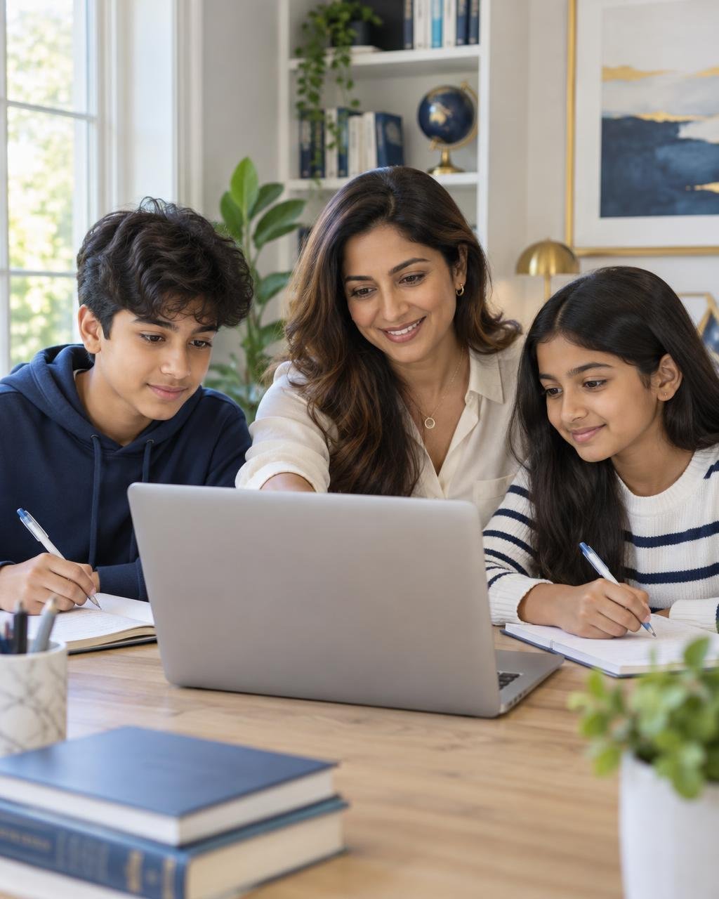 Parent supporting two students learning online